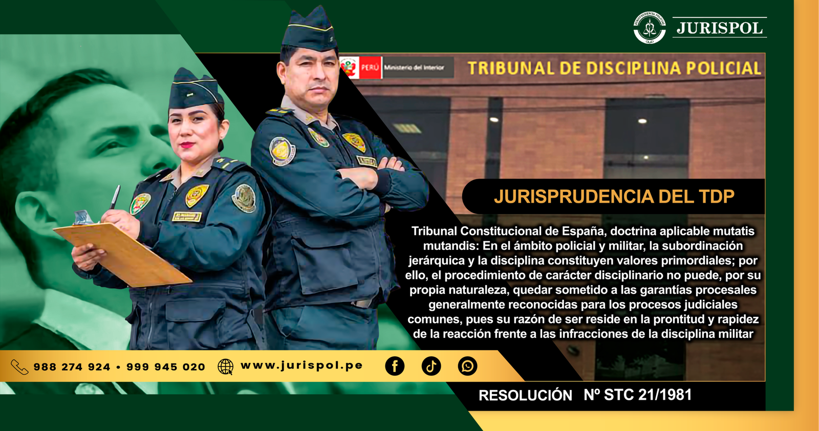 Tribunal Constitucional de España, doctrina aplicable mutatis mutandis: En el ámbito policial y militar, la subordinación jerárquica y la disciplina constituyen valores primordiales; por ello, el procedimiento de carácter disciplinario no puede, por su propia naturaleza, quedar sometido a las garantías procesales generalmente reconocidas para los procesos judiciales comunes, pues su razón de ser reside en la prontitud y rapidez de la reacción frente a las infracciones de la disciplina militar