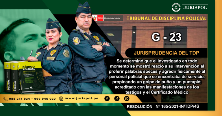 MG-23.- Se determinó que el investigado en todo momento se mostró reacio a su intervención al proferir palabras soeces y agredir físicamente al personal policial que se encontraba de servicio, propinando un golpe de puño y un puntapié; acreditado con las manifestaciones de los testigos y el Certificado Médico