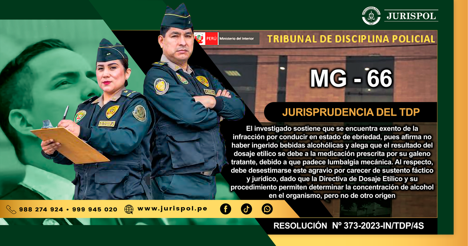 MG-66.- El investigado sostiene que se encuentra exento de la infracción por conducir en estado de ebriedad, pues afirma no haber ingerido bebidas alcohólicas y alega que el resultado del dosaje etílico se debe a la medicación prescrita por su galeno tratante, debido a que padece lumbalgia mecánica. Al respecto, debe desestimarse este agravio por carecer de sustento fáctico y jurídico, dado que la Directiva de Dosaje Etílico y su procedimiento permiten determinar la concentración de alcohol en el organismo, pero no de otro origen