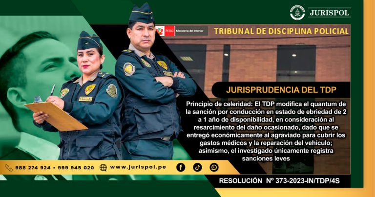 Principio de celeridad: El TDP modifica el quantum de la sanción por conducción en estado de ebriedad de 2 a 1 año de disponibilidad, en consideración al resarcimiento del daño ocasionado, dado que se entregó económicamente al agraviado para cubrir los gastos médicos y la reparación del vehículo; asimismo, el investigado únicamente registra sanciones levesPrincipio de celeridad: El TDP modifica el quantum de la sanción por conducción en estado de ebriedad de 2 a 1 año de disponibilidad, en consideración al resarcimiento del daño ocasionado, dado que se entregó económicamente al agraviado para cubrir los gastos médicos y la reparación del vehículo; asimismo, el investigado únicamente registra sanciones leves
