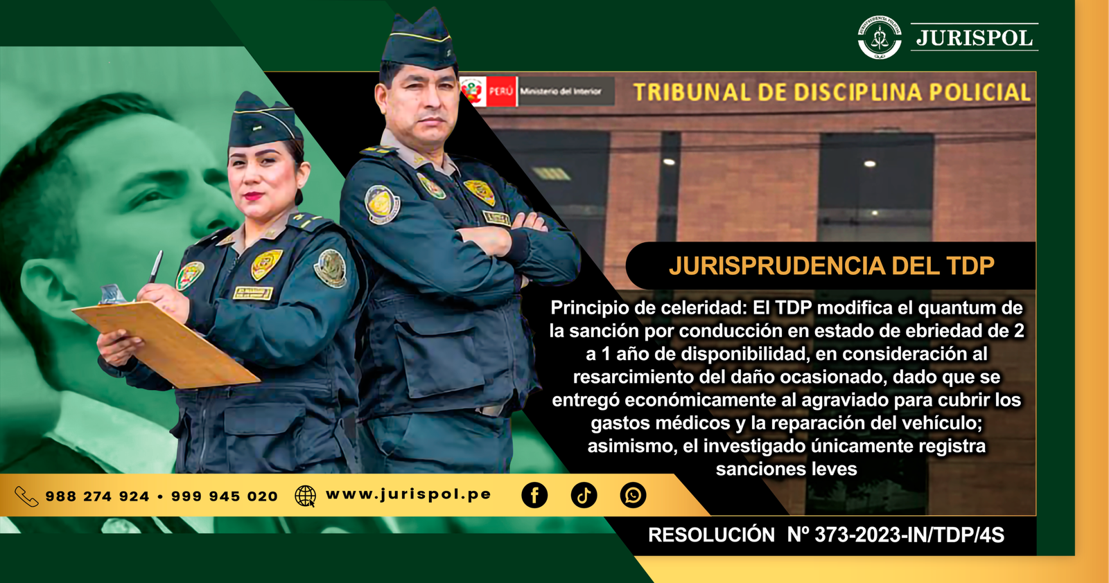 Principio de celeridad: El TDP modifica el quantum de la sanción por conducción en estado de ebriedad de 2 a 1 año de disponibilidad, en consideración al resarcimiento del daño ocasionado, dado que se entregó económicamente al agraviado para cubrir los gastos médicos y la reparación del vehículo; asimismo, el investigado únicamente registra sanciones leves