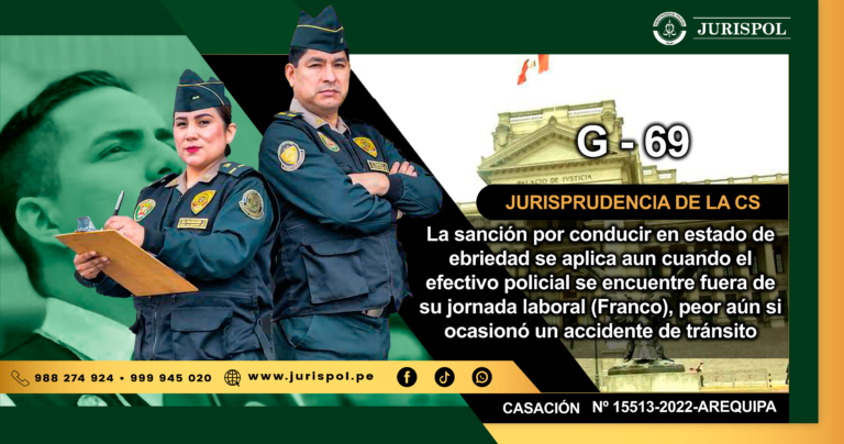 G-69.- La sanción por conducir en estado de ebriedad se aplica aun cuando el efectivo policial se encuentre fuera de su jornada laboral (Franco), peor aún si ocasionó un accidente de tránsito