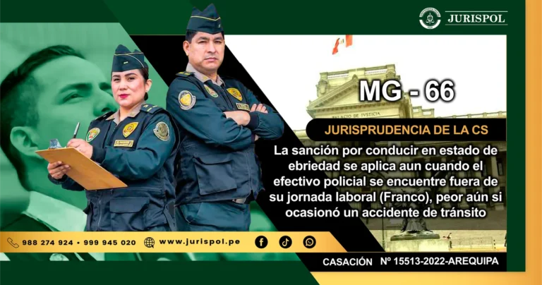 MG-66.- La sanción por conducir en estado de ebriedad se aplica aun cuando el efectivo policial se encuentre fuera de su jornada laboral (Franco), peor aún si ocasionó un accidente de tránsito