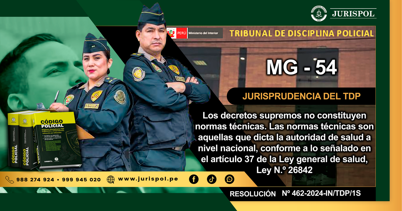 MG-54.- Los decretos supremos no constituyen normas técnicas. Las normas técnicas son aquellas que dicta la autoridad de salud a nivel nacional, conforme a lo señalado en el artículo 37 de la Ley general de salud, Ley N.º 26842 [RESOLUCIÓN N° 462-2024-IN/TDP/1S]