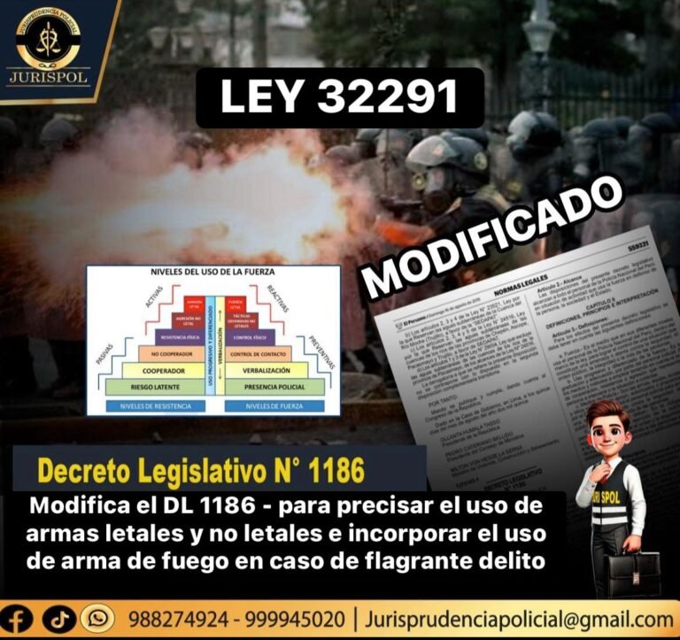 Ley 32291: Ley que modifica el DL 1186, DL que regula el uso de la fuerza por parte de la PNP, para precisar el uso de armas letales y no letales e incorporar el uso de armas de fuego en caso de flagrante delito.