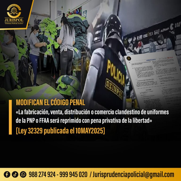 Ley 32329: La fabricación o comercio clandestino de uniformes de la PNP o FFAA será reprimido con pena privativa de la libertad.