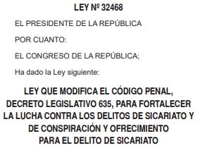 Ley 32468: Sicariato será reprimido con cadena perpetua