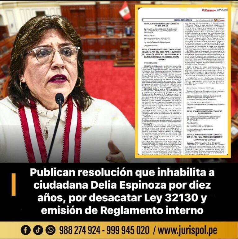 Publican resolución legislativa que inhabilita por diez años a Delia Espinoza por desacatar Ley 32130  y emitir reglamento interno[RLC 008-2025-2026]