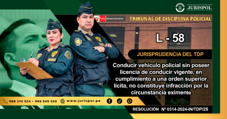 L-58.- Conducir vehículo policial sin poseer licencia de conducir vigente, en cumplimiento a una orden superior lícita, no constituye infracción por la circunstancia eximente