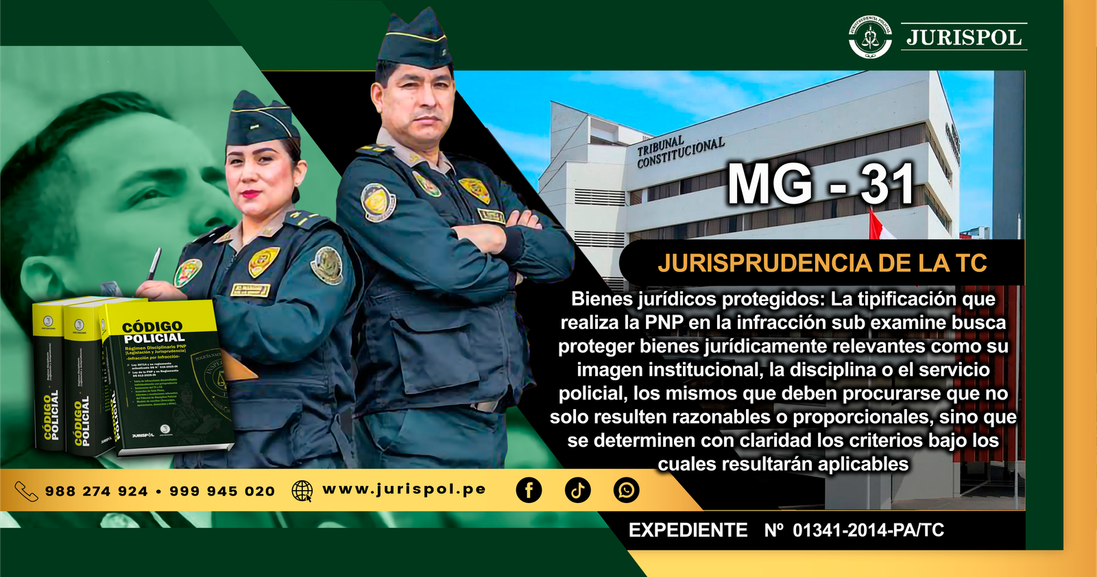 MG-31.- Bienes jurídicos protegidos: La tipificación que realiza la PNP en la infracción sub examine busca proteger bienes jurídicamente relevantes como su imagen institucional, la disciplina o el servicio policial, los mismos que deben procurarse que no solo resulten razonables o proporcionales, sino que se determinen con claridad los criterios bajo los cuales resultarán aplicables [EXP. N ° 01341-2014-PA/TC]